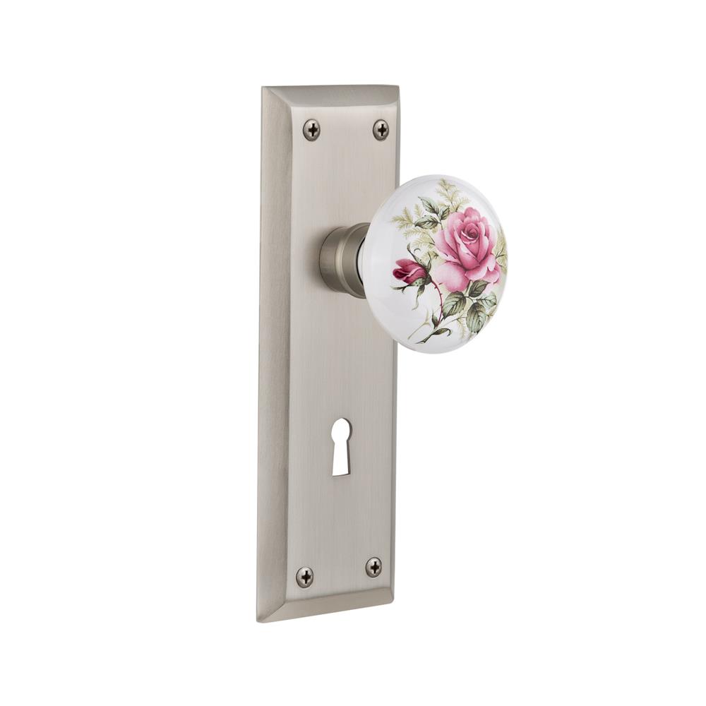 Nostalgic Warehouse NYKROS Privacy Knob New York Plate with Rose Porcelain Knob with Keyhole in Satin Nickel